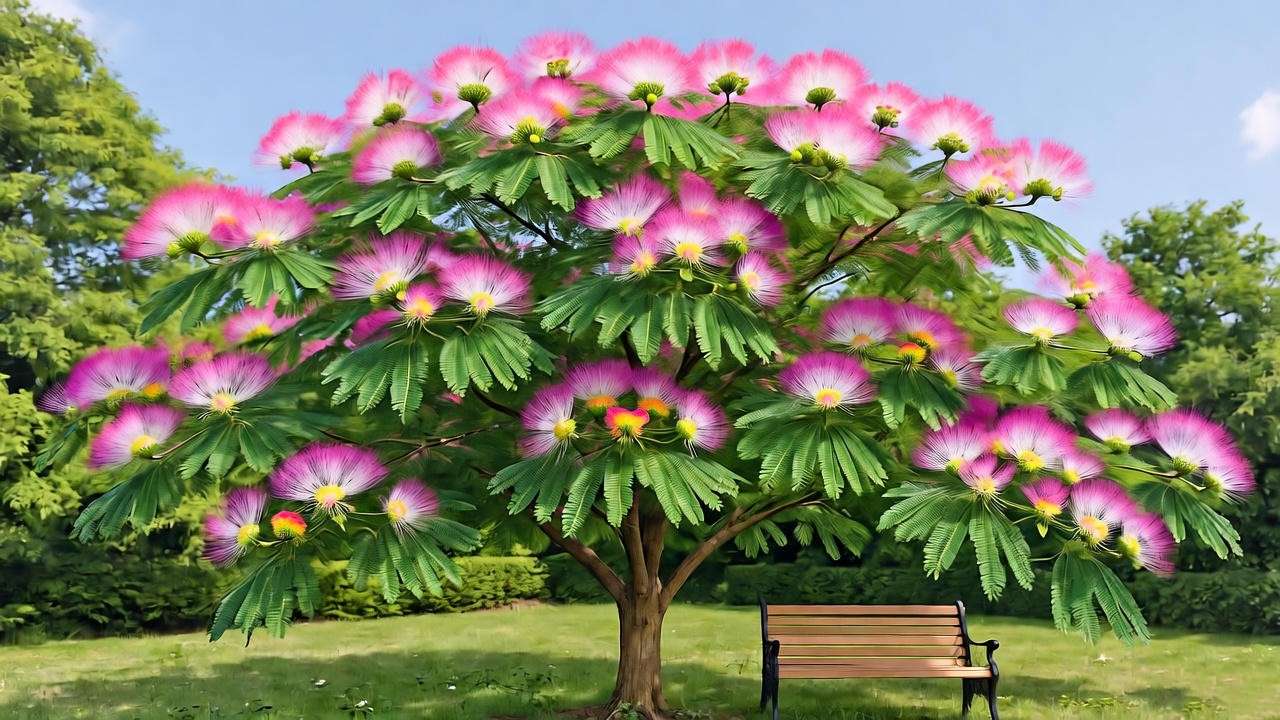  Blooming Albizia julibrissin tree with pink flowers in a sunny backyard landscape.
