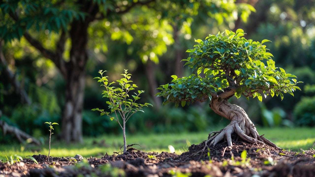 “Bonsai trees at different ages showing growth progression over time.” 