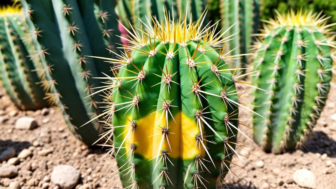 Close-up of a yellowing cactus in a desert garden with sandy soil and healthy cacti in the background.