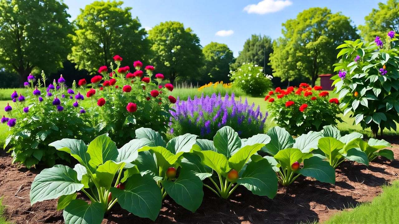 Lush garden with thriving flowers, vegetables, and leafy greens under bright sunlight, showcasing healthy plant growth.