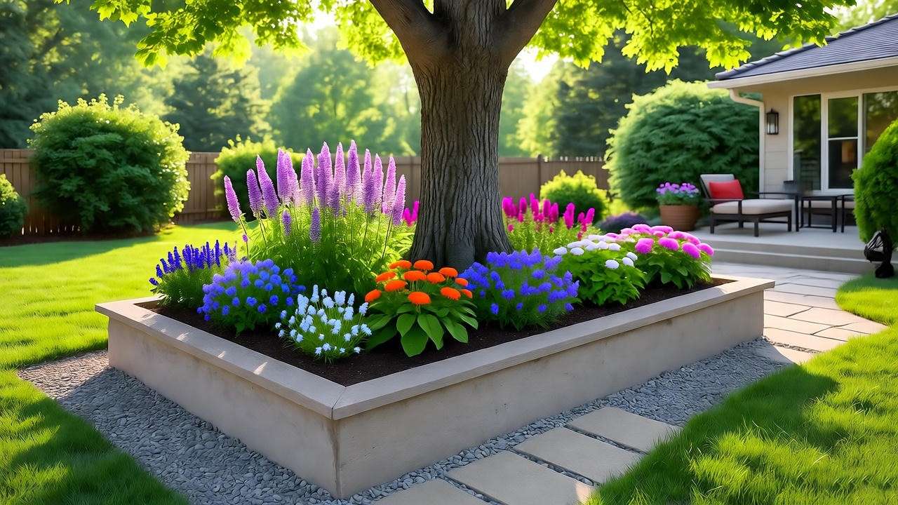 Raised garden bed with native plants in a backyard, designed to accommodate tree roots for a sustainable landscape.