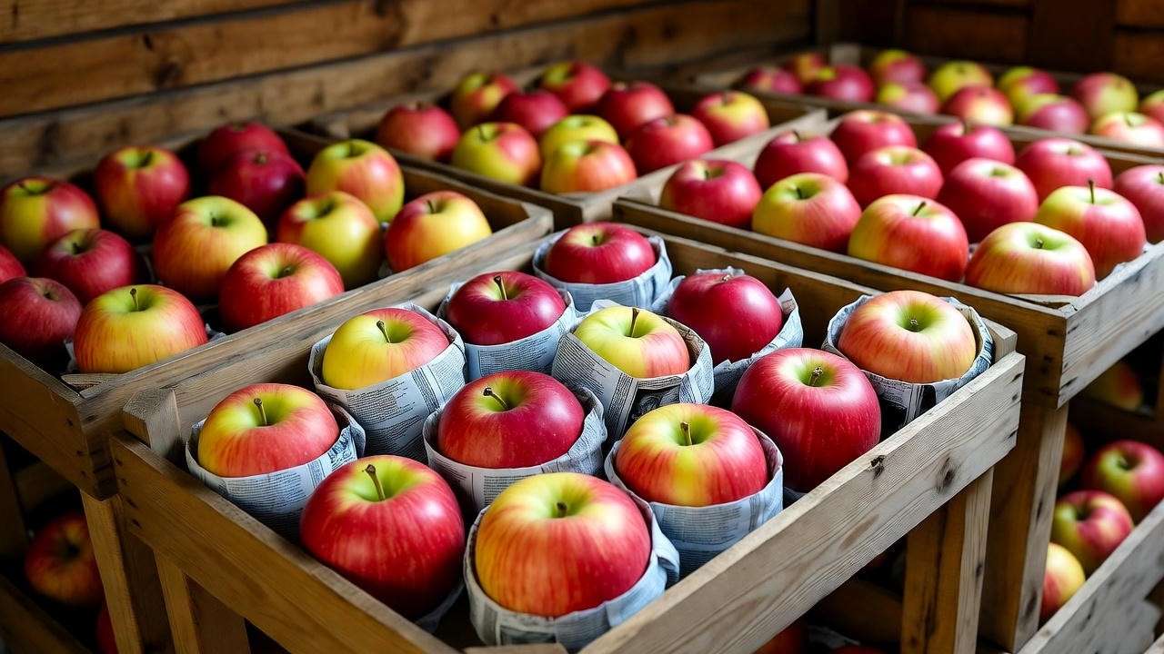 Freshly harvested Cosmic Crisp apples stored in wooden crates in a cool cellar. 