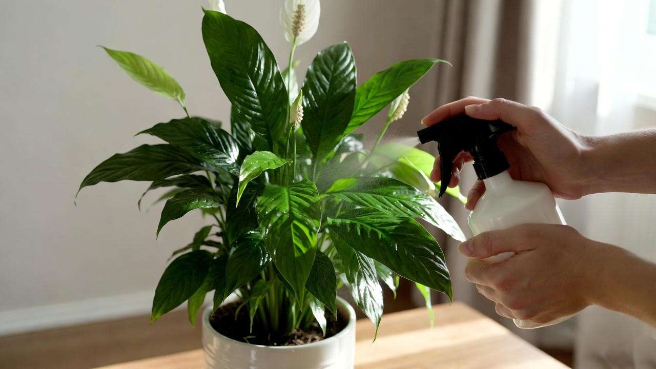 Spraying neem oil on a peace lily to control pests, demonstrating effective green leaf plant care. 
