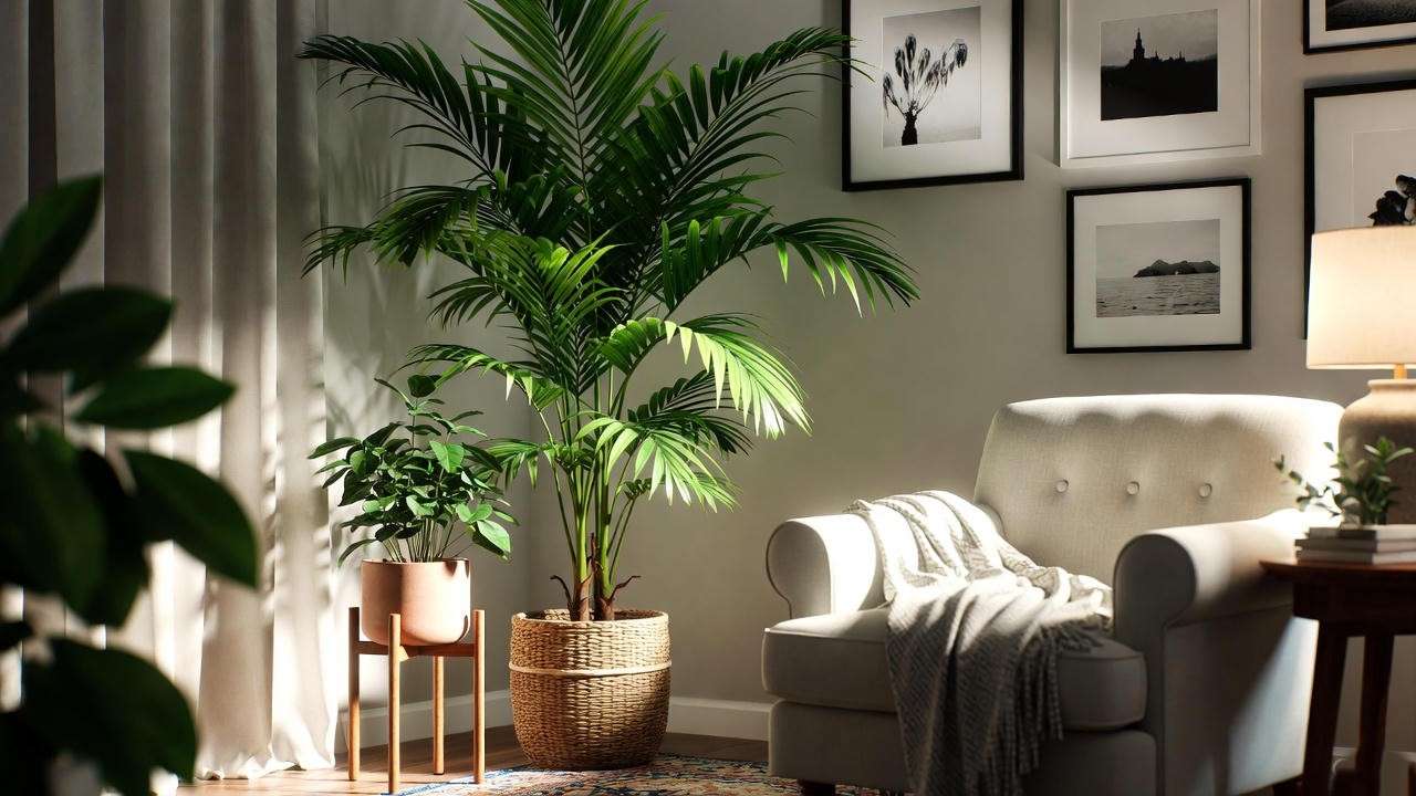 : A Kentia Palm in a woven pot in a cozy living room corner with an armchair and throw blanket. 