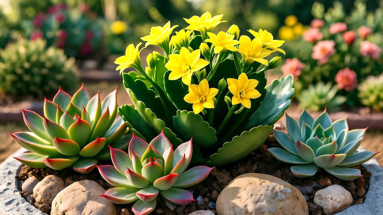 "Outdoor yellow kalanchoe in a mixed succulent garden with rocks under filtered sunlight." 