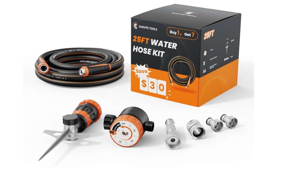 Giraffe Tools Garden Hose 25ft x 5/8", Water Hose Heavy Duty, Flexible with Water Timer Nozzle and Yard Sprinkler, Lightweight Hybrid Hose with Swivel...
