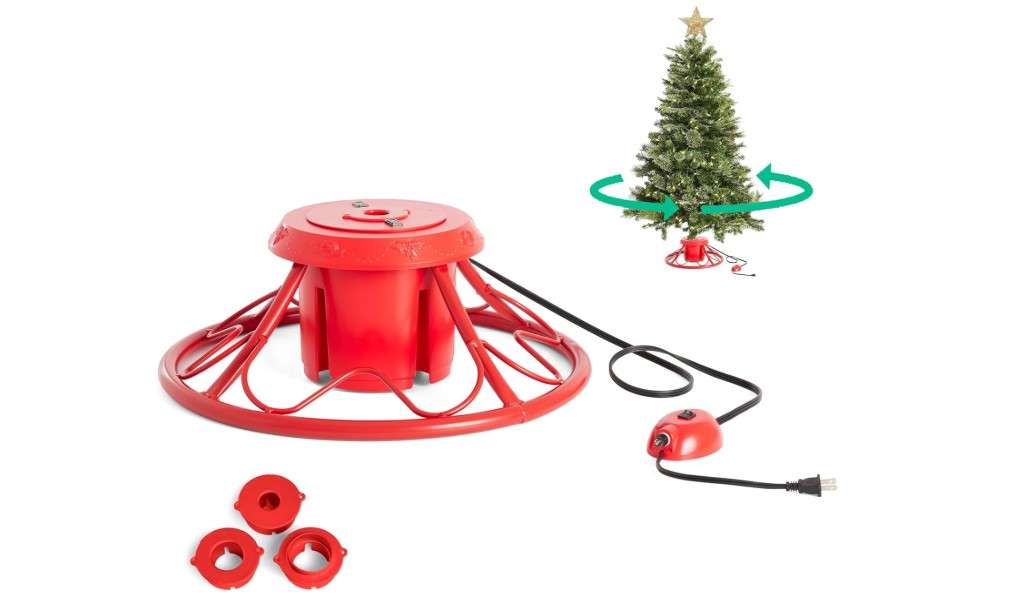 Home Heritage 360° Rotating Christmas Tree Stand – Red Sturdy Metal Base for Trees up to 9ft Tall – Holiday Decor Accessory