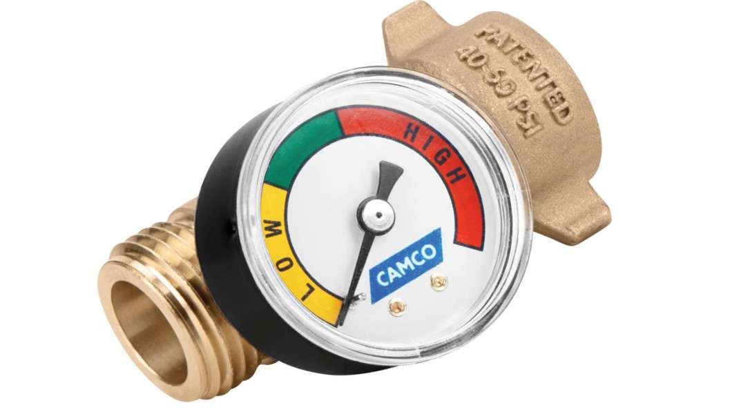 Camco Brass Water Pressure Regulator with Gauge- Helps Protect RV Plumbing and Hoses from High-Pressure City Water - Easy Read Gauge (40064)
