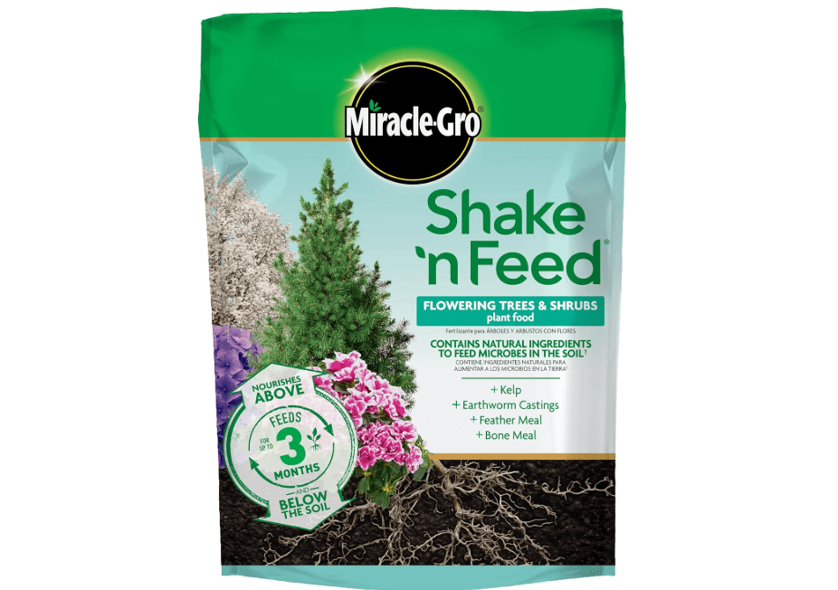  Miracle-Gro Shake 'N Feed Flowering Trees and Shrubs Plant Food, For In-Ground and Container Plants, Acid-Loving Flowering Plants, 8 lbs