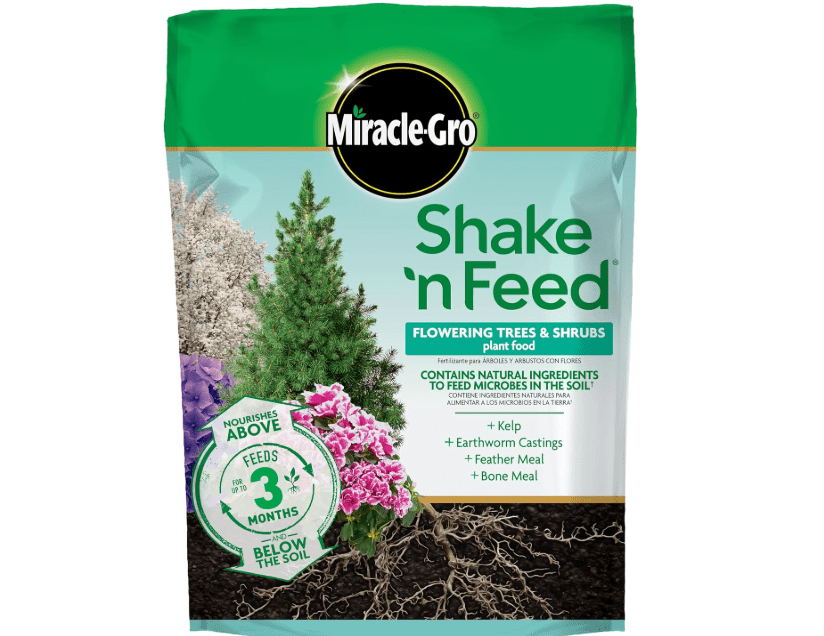 Miracle-Gro Shake 'N Feed Flowering Trees and Shrubs Plant Food, For In-Ground and Container Plants, Acid-Loving Flowering Plants