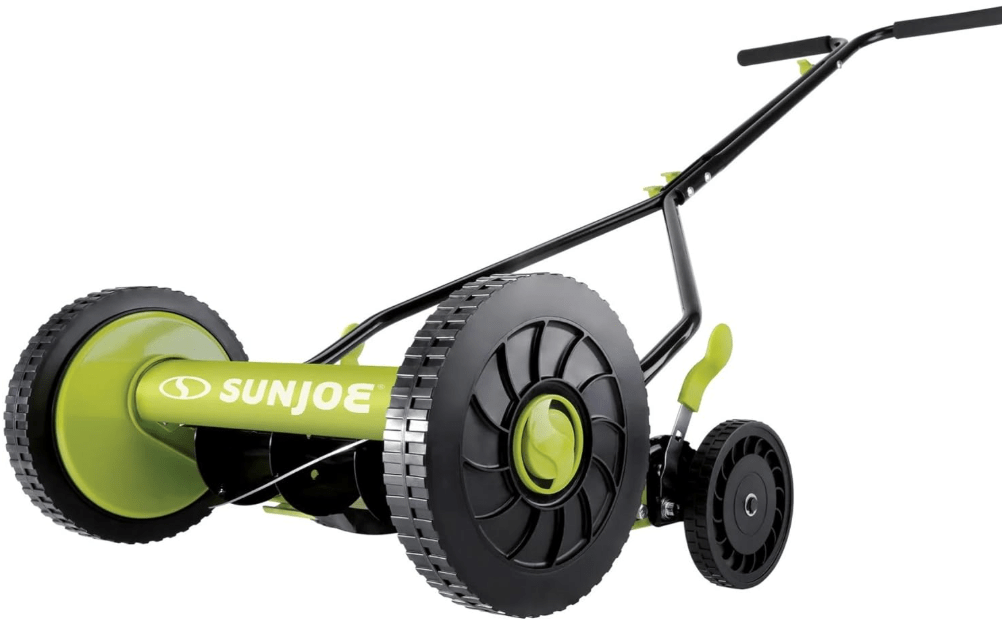 
Sun Joe Manual Push Reel Lawn Mower with 9 Adjustable Positions, 14-Inch Cutting Width - Heavy-Duty Yard Trimming Machine for Gardening Care and Maintenance.