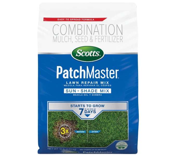 Scotts PatchMaster Lawn Repair Mix Sun + Shade Mix, Combination Grass Seed, Fertilizer, and Mulch, 10 lbs.
