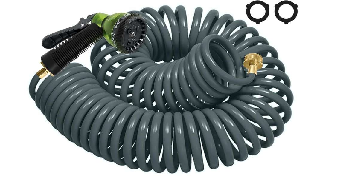 Coil Hose 75FT EVA Coil Garden Hose With 3/4'' Brass Connector Coiled Water Hose Lightweight And No Kink Includes 7 Patterns Spray Nozzle For...