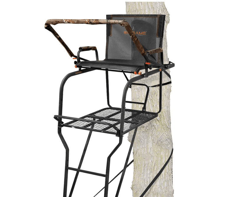 BIG GAME 1-Person Ladder Tree Stand for Hunting Deer with Seat, Hunter, 18' Tall, Black - Adjustable Climbing Treestand with Platform and Safety Harness.