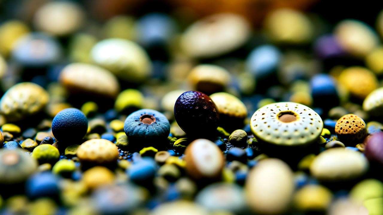 Close-up of various aquarium plant seeds on nutrient-rich aqua soil, showcasing their size and color for aquatic planting.