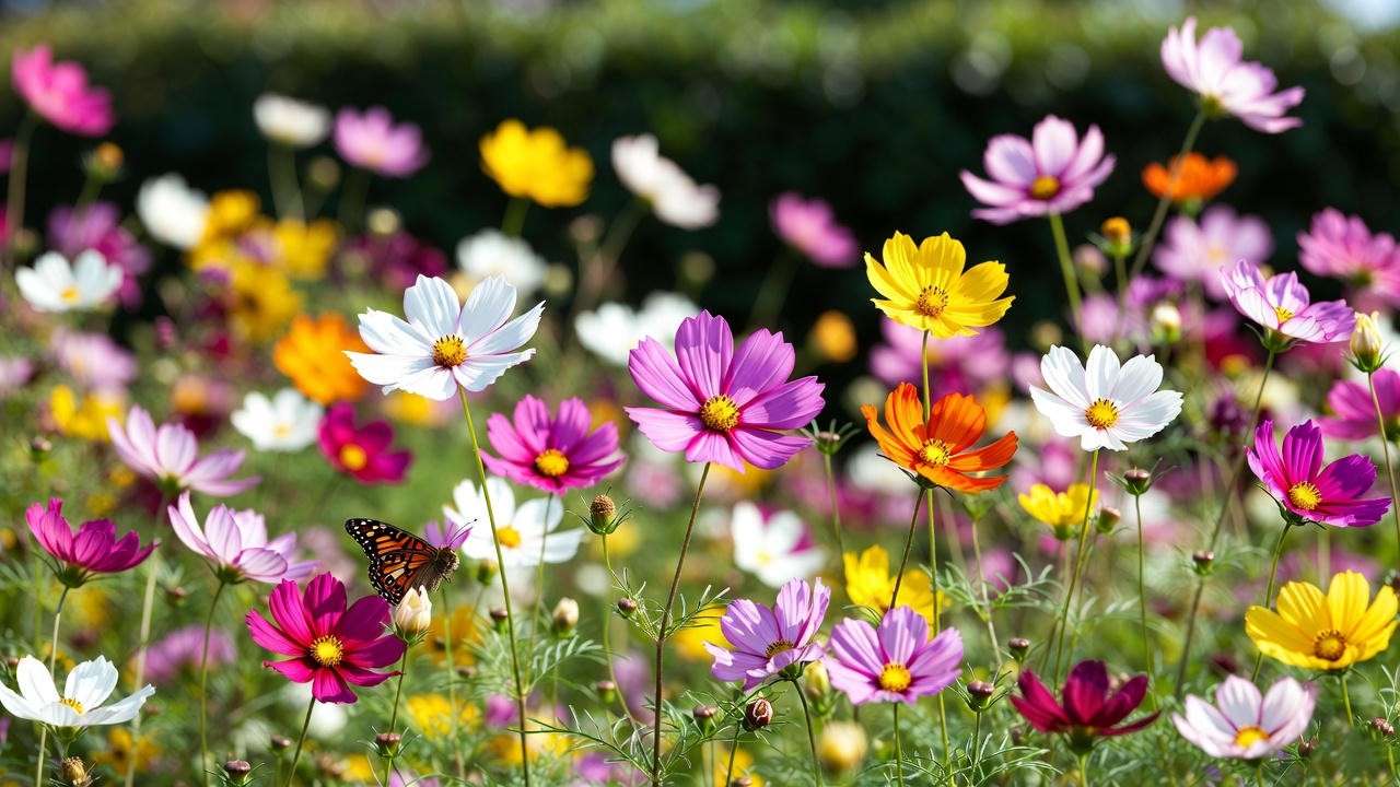 Vibrant cosmos flowers in pink, white, yellow, and orange bloom in a sunny garden with a butterfly, showcasing their pollinator-friendly appeal.