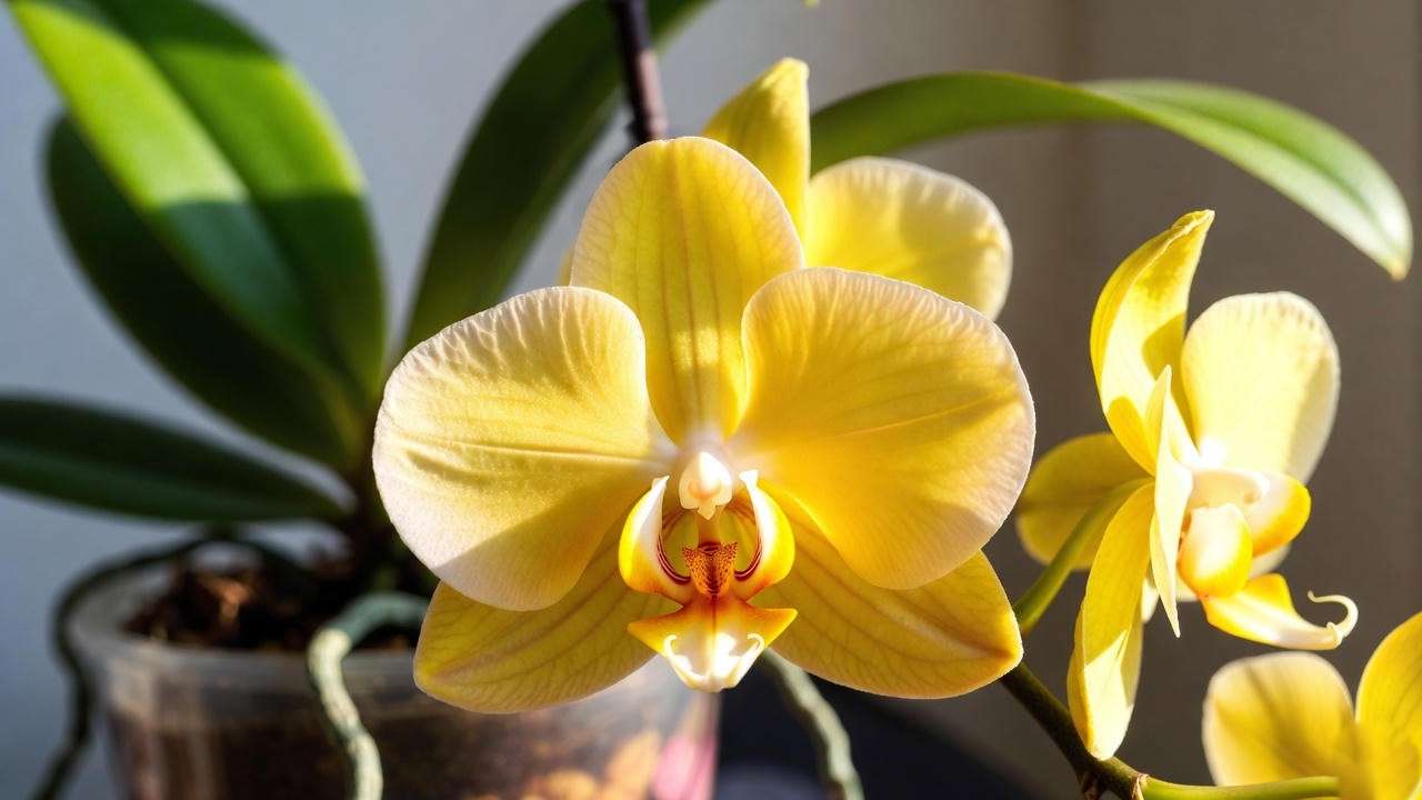 Close-up of a vibrant yellow Phalaenopsis orchid in bloom, showcasing delicate petals for yellow orchid plant care guide.