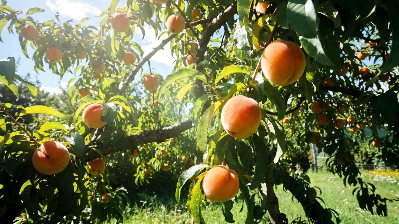 Ripe peaches on a self-pollinating peach tree in a sunny backyard garden, showcasing abundant fruit for easy home harvests.