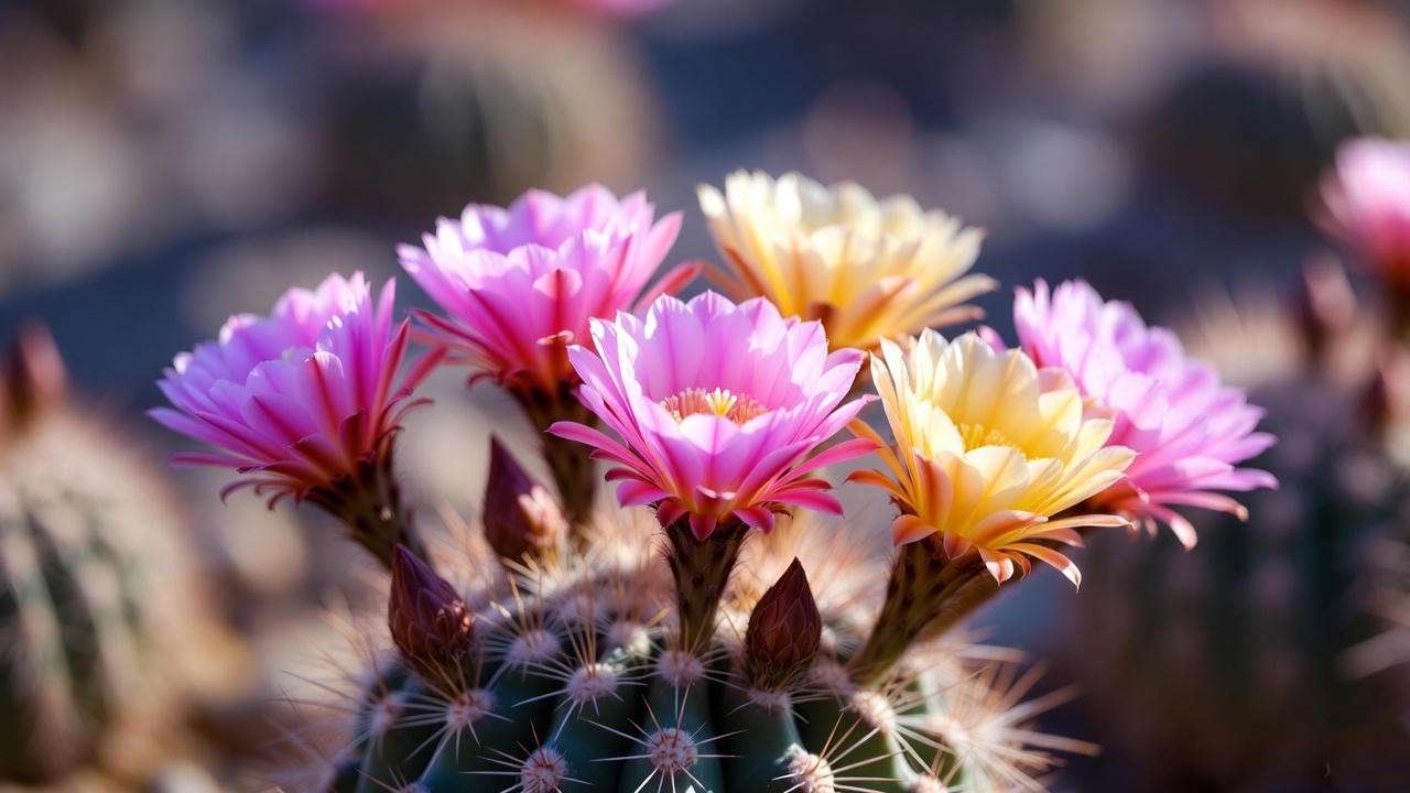 Close-up of a vibrant cactus flowering plant with pink and yellow blooms in a sunny desert setting.

