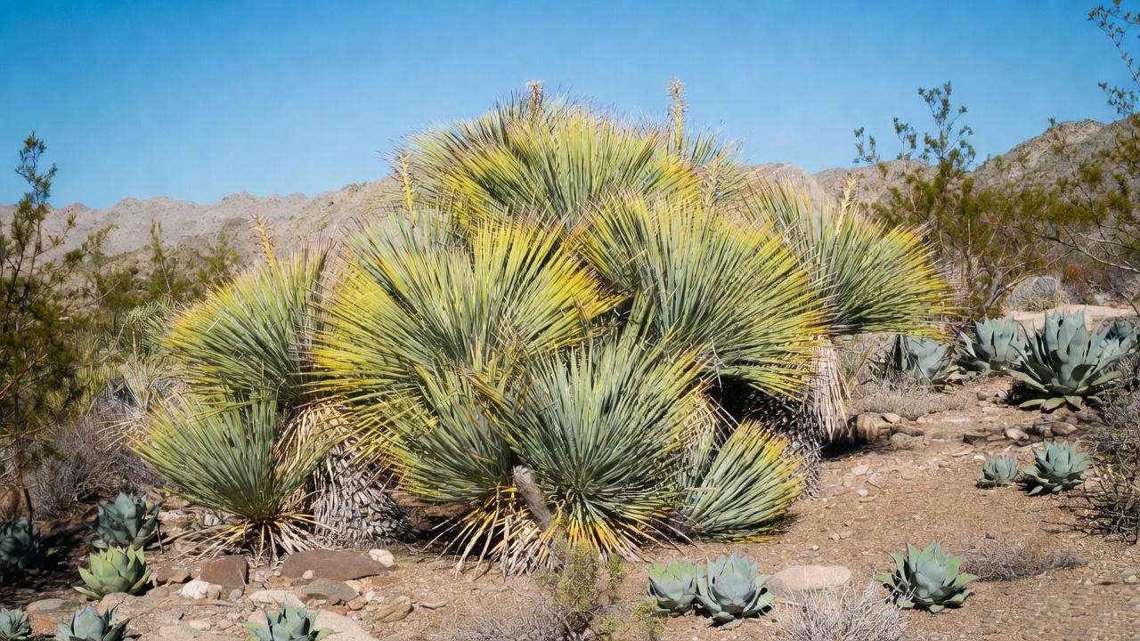 Cluster of yellow yucca plants with vibrant variegated leaves in a sunny desert garden, surrounded by rocks and agave.
