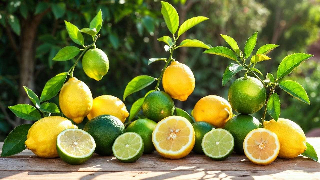  Different lemon and lime tree varieties displayed with fruit and branches.