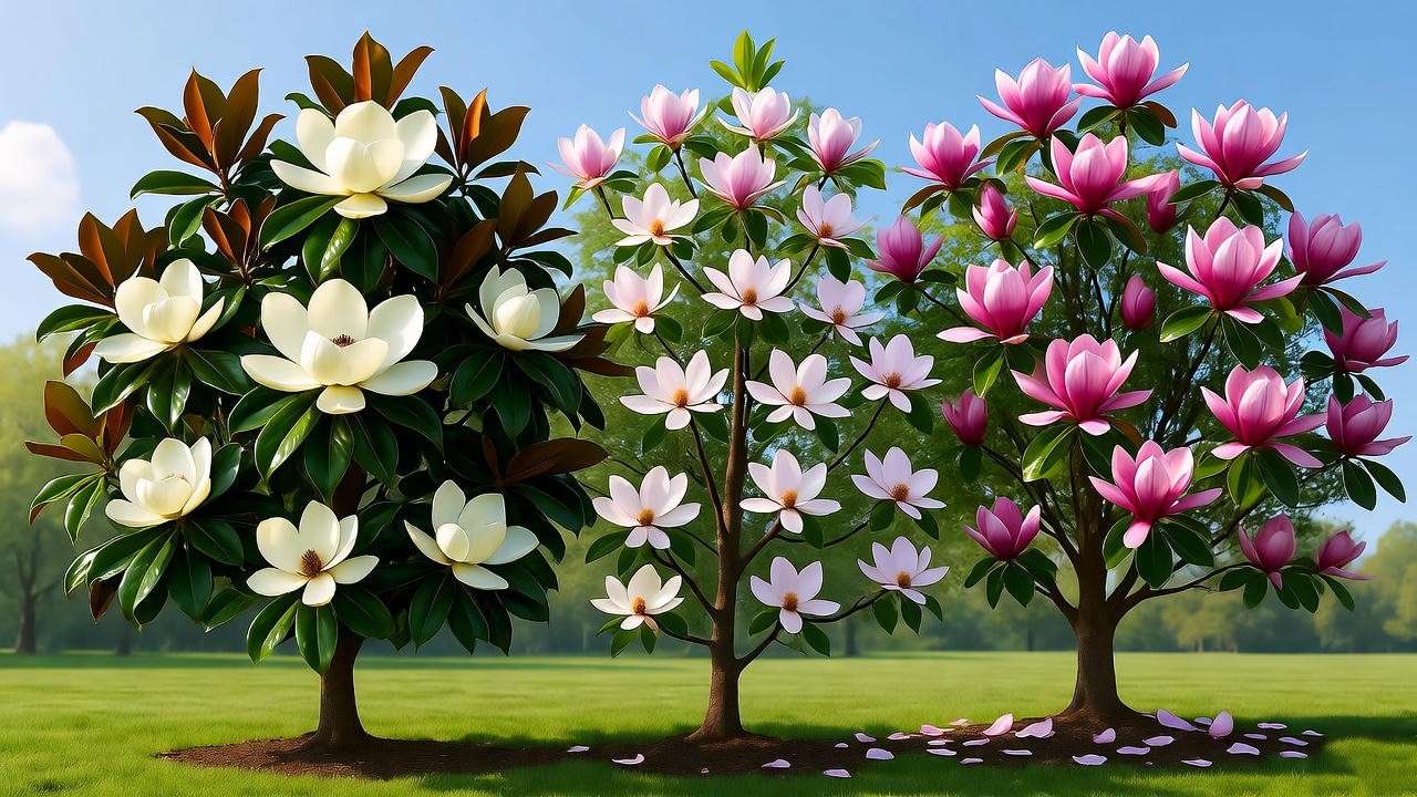 Close-up of Southern, Star, and Saucer magnolia planten in bloom, showcasing diverse flower colors and tree sizes in a sunny garden.