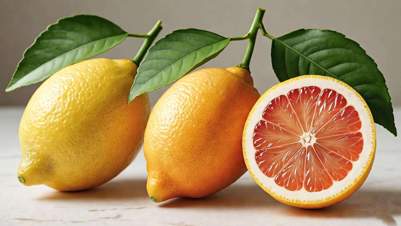 Comparison of true lemons vs hybrid Meyer lemon fruits and leaves on white background 