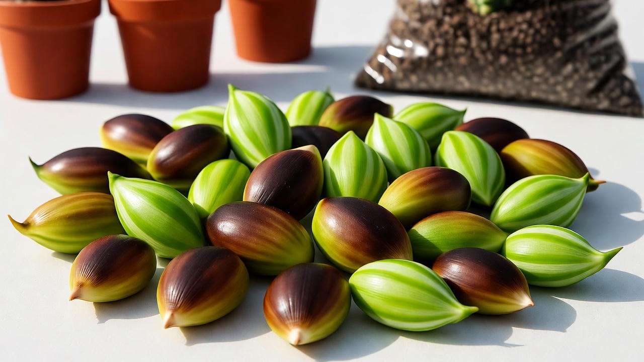 Close-up of fresh aloe plant seeds on a white surface with terracotta pots, highlighting seed quality for planting.