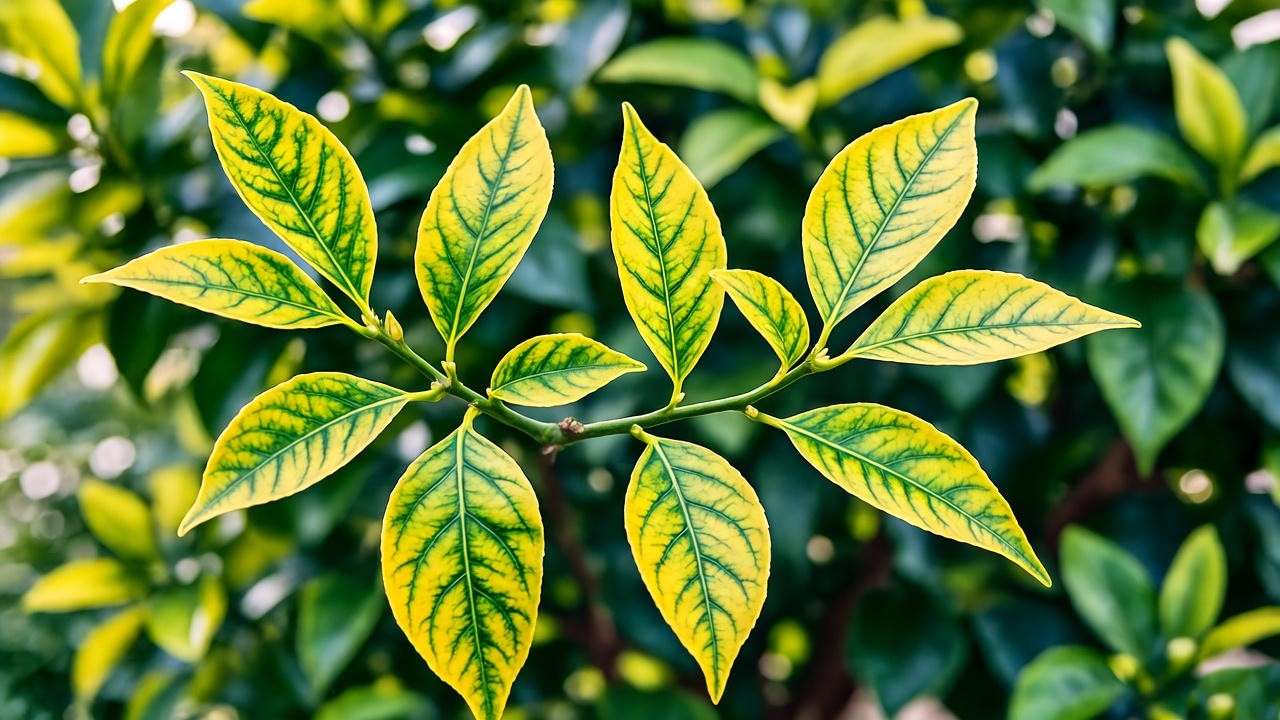 Close-up of citrus tree leaves showing nutrient deficiency symptoms, including yellowing and mottling, in a sunny garden setting.