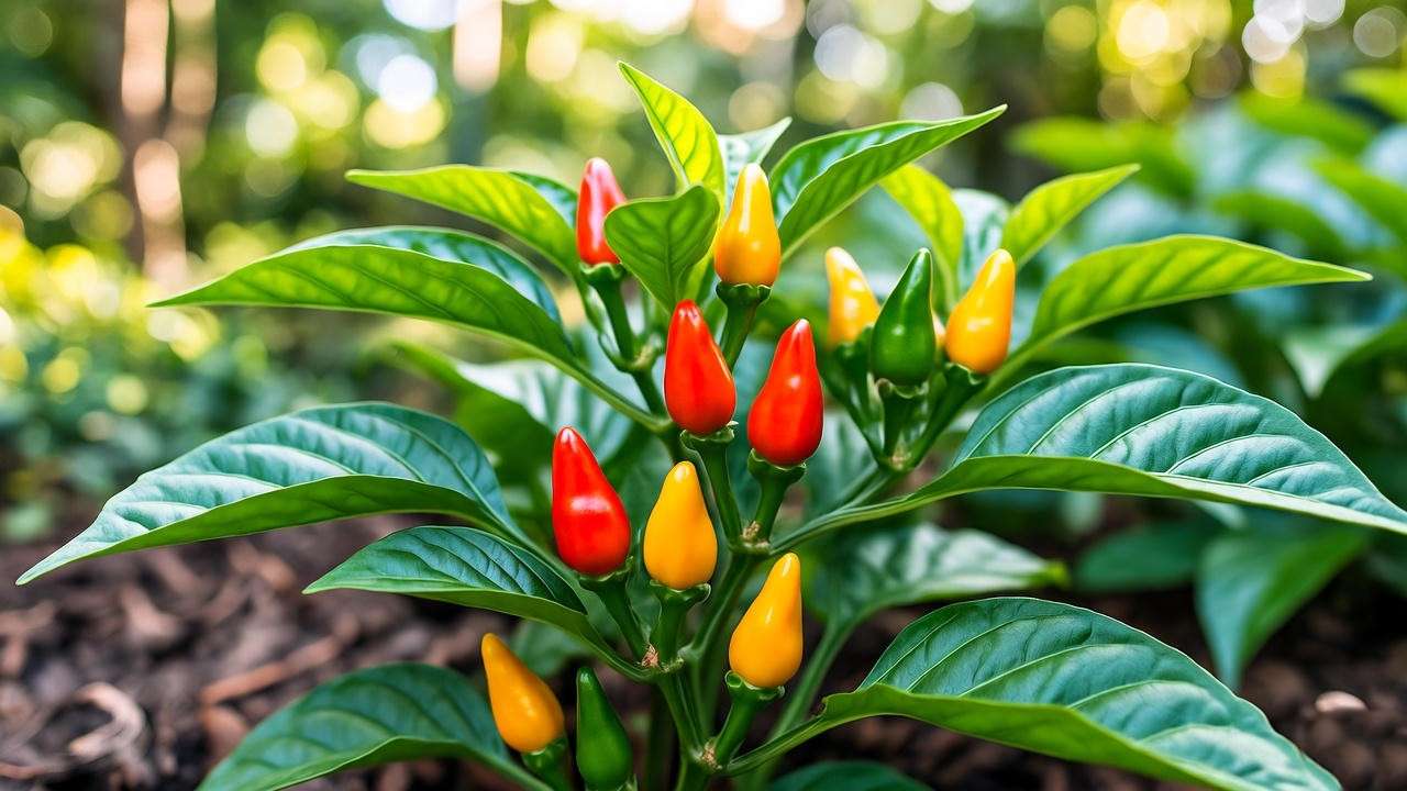 Close-up of a thriving Hawaiian chili pepper plant with red and green peppers in a tropical garden.
