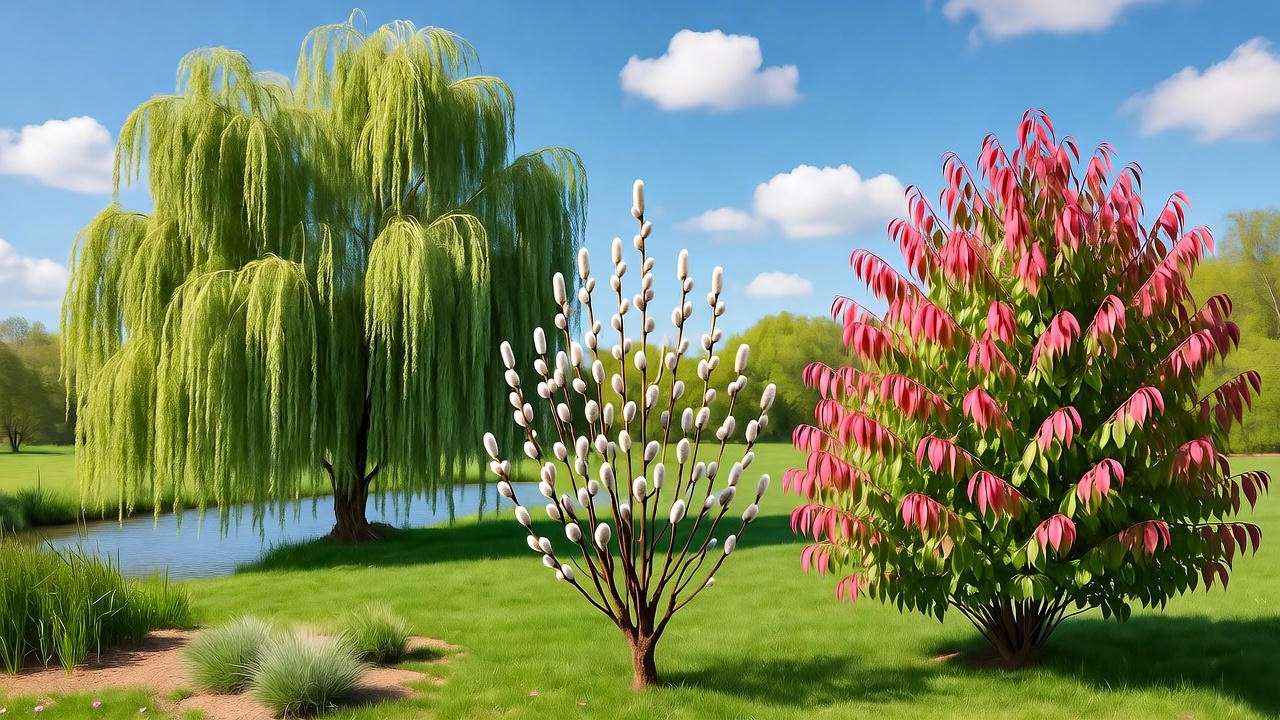 Three willow plant varieties, including weeping willow, pussy willow, and dappled willow, in a sunny garden with a pond and lush greenery. 