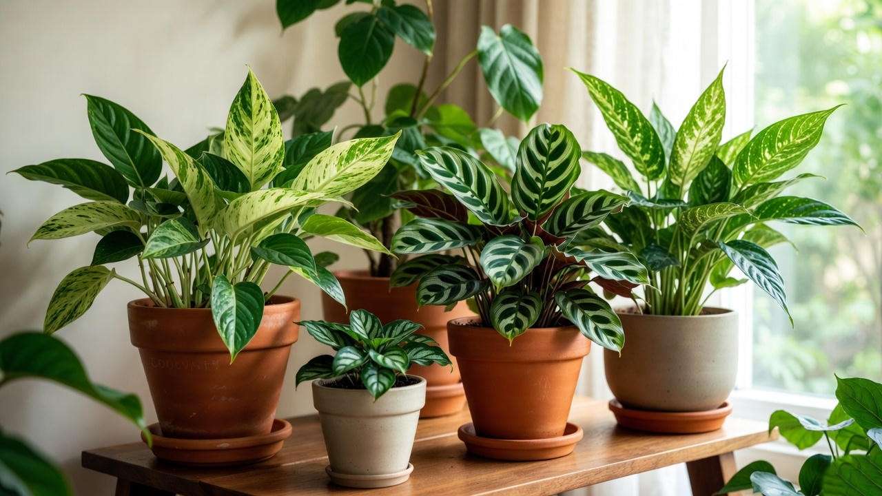 Collection of green and white variegated plants in stylish pots on a wooden shelf, highlighting lush foliage in a bright room. 