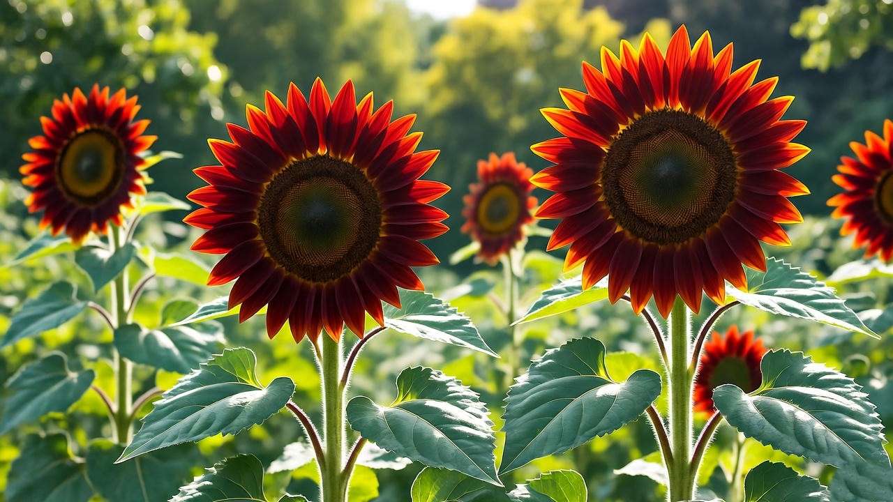 "Variety of red sunflowers in a garden, showcasing vibrant blooms for plant care guide" 