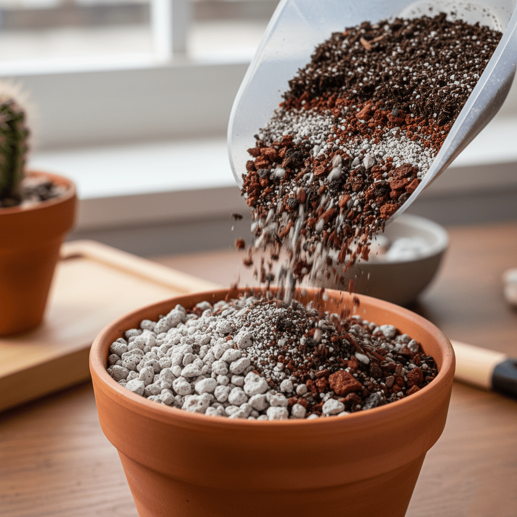 Expert-recommended well-draining soil mix for rare cactus plants, showing high percentage of pumice and inorganic components