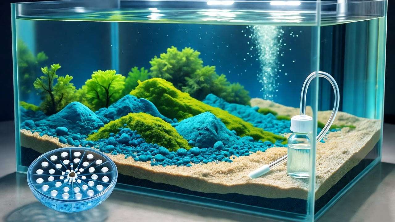 Aquarium setup with aqua soil, LED lights, and CO2 diffuser for planting aquarium plant seeds.