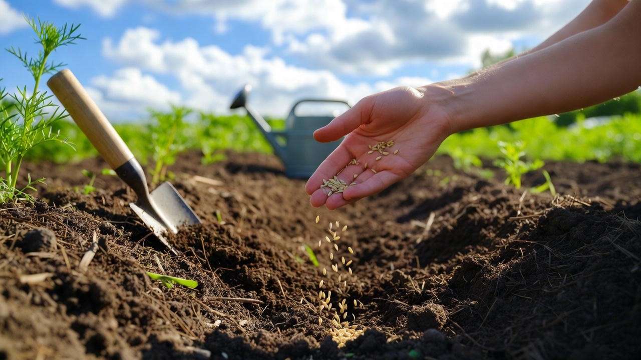 Gardener’s hands planting cosmos seeds in a sunny, prepared garden bed with tools and a clear blue sky, highlighting ideal sowing conditions.