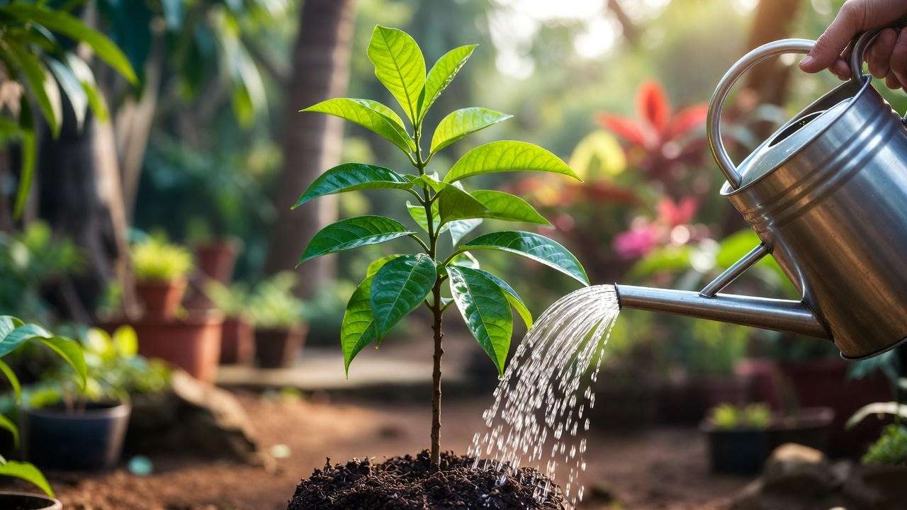 Gardener watering a young star fruit plant in a pot in a sunny tropical garden.