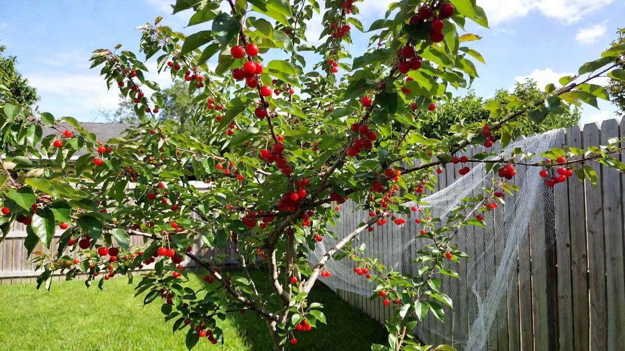 Self-pollinating cherry tree with ripe red cherries protected by bird netting in a suburban garden, ideal for home fruit production.