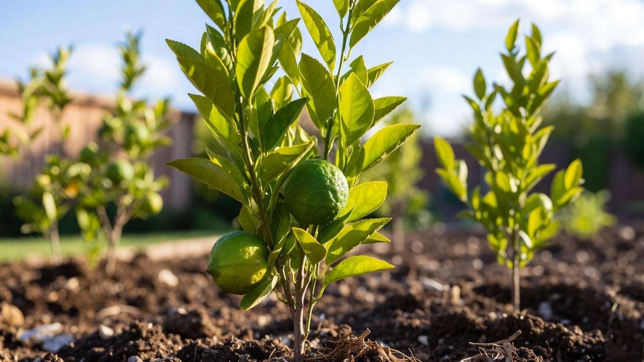  Lemon and lime tree growing in a bright sunny garden location
