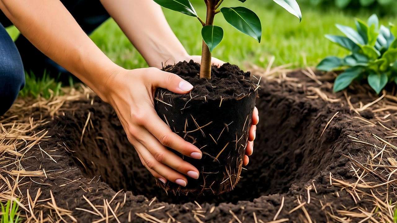 : Gardener planting a young magnolia planten in well-draining soil with mulch, illustrating proper planting techniques in a sunny garden.