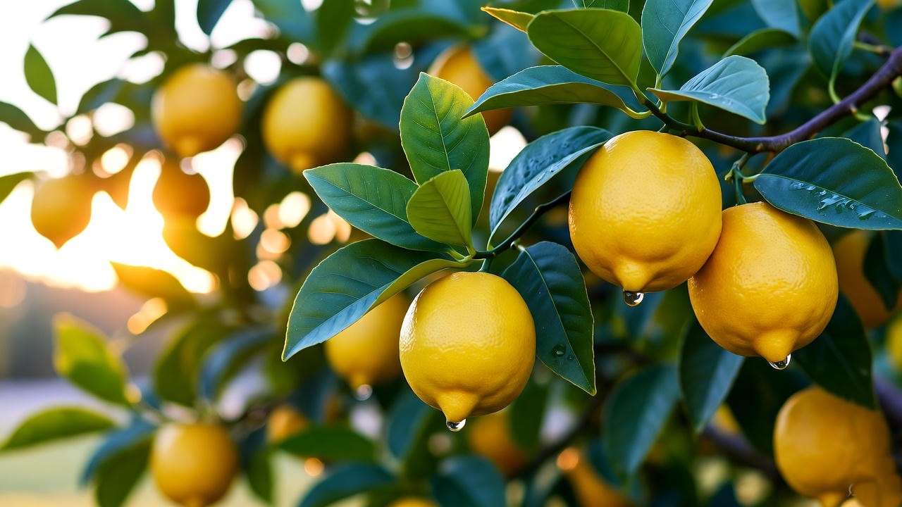  Close-up of Eureka lemon tree heavily laden with bright yellow fruits and dark green leaves 