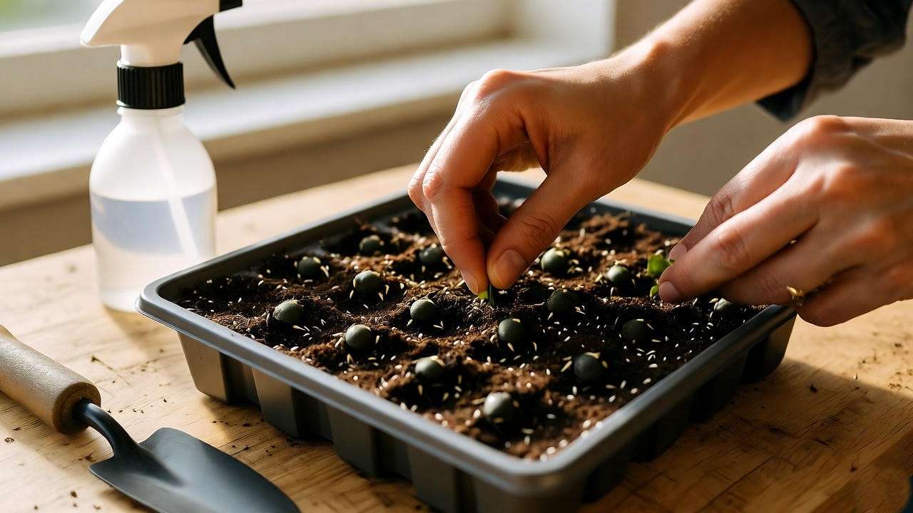 Gardener sowing aloe plant seeds in a seed tray with cactus soil, demonstrating proper planting technique.