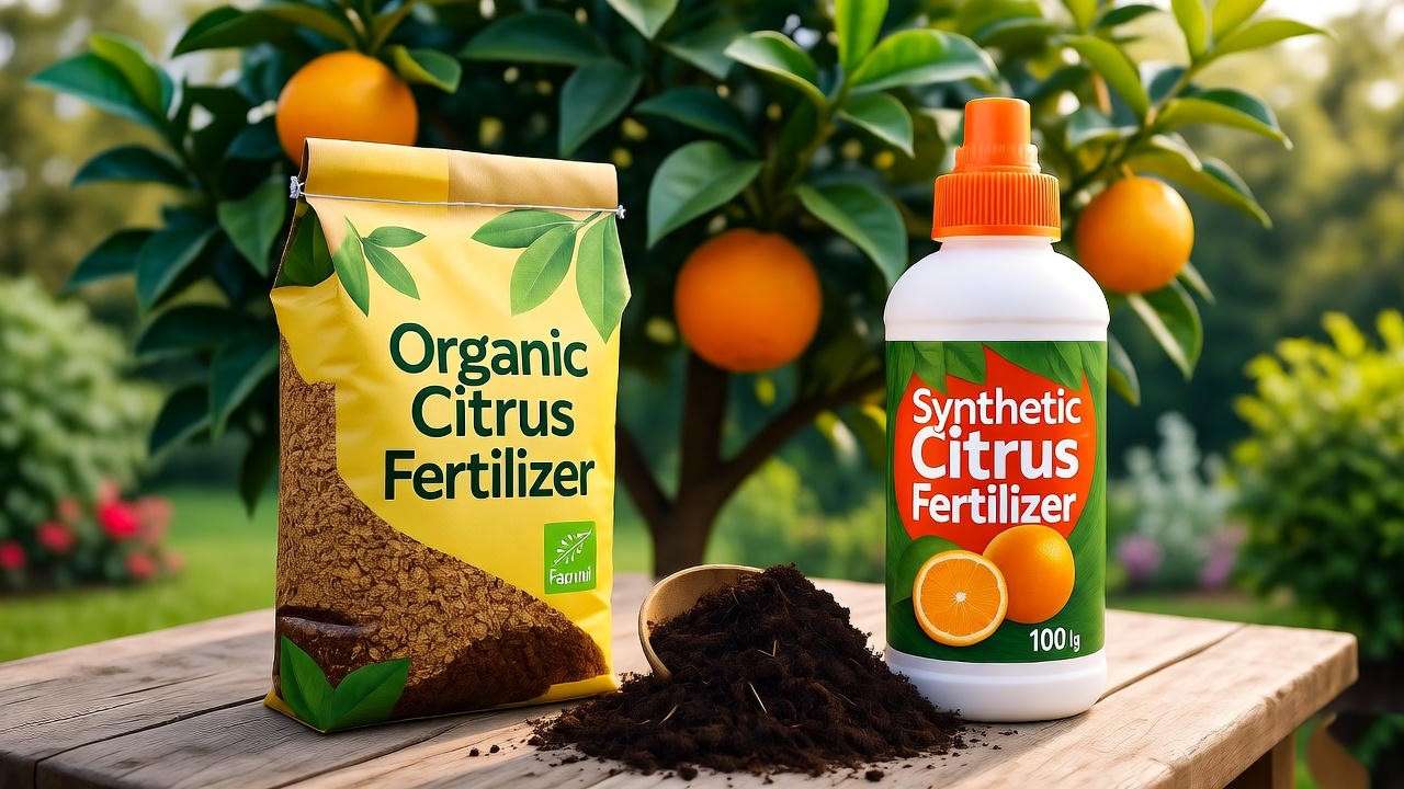 Organic and synthetic citrus fruit tree fertilizers on a garden table with a healthy citrus tree in the background.