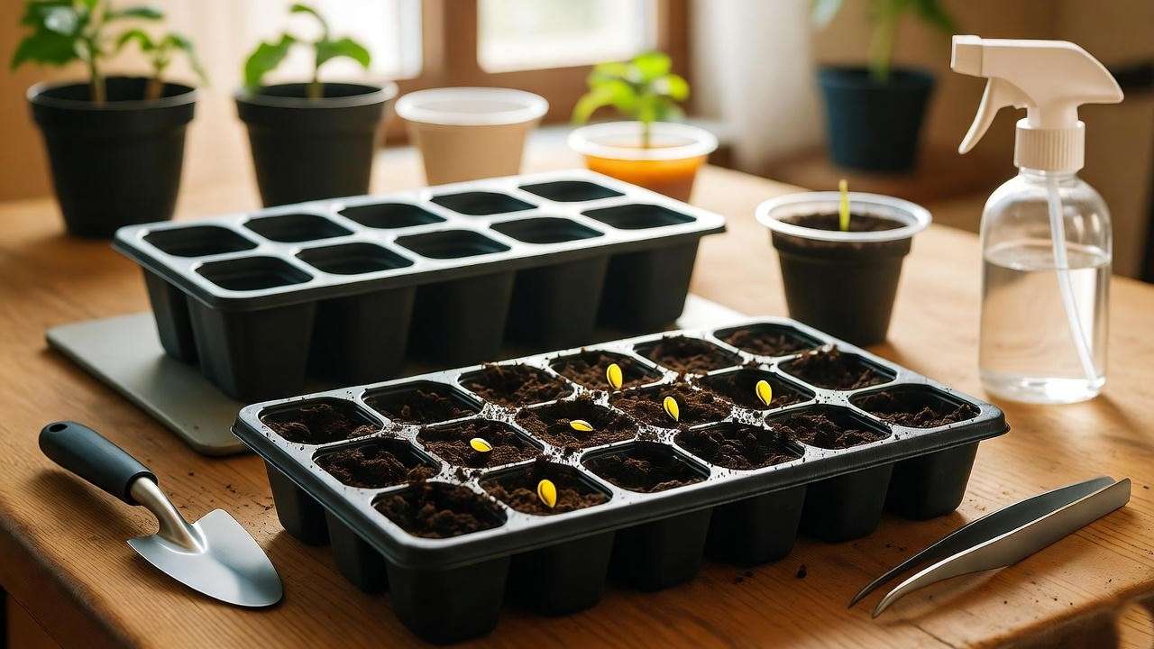 Seed trays with Hawaiian chili pepper seeds on a heat mat for germination.