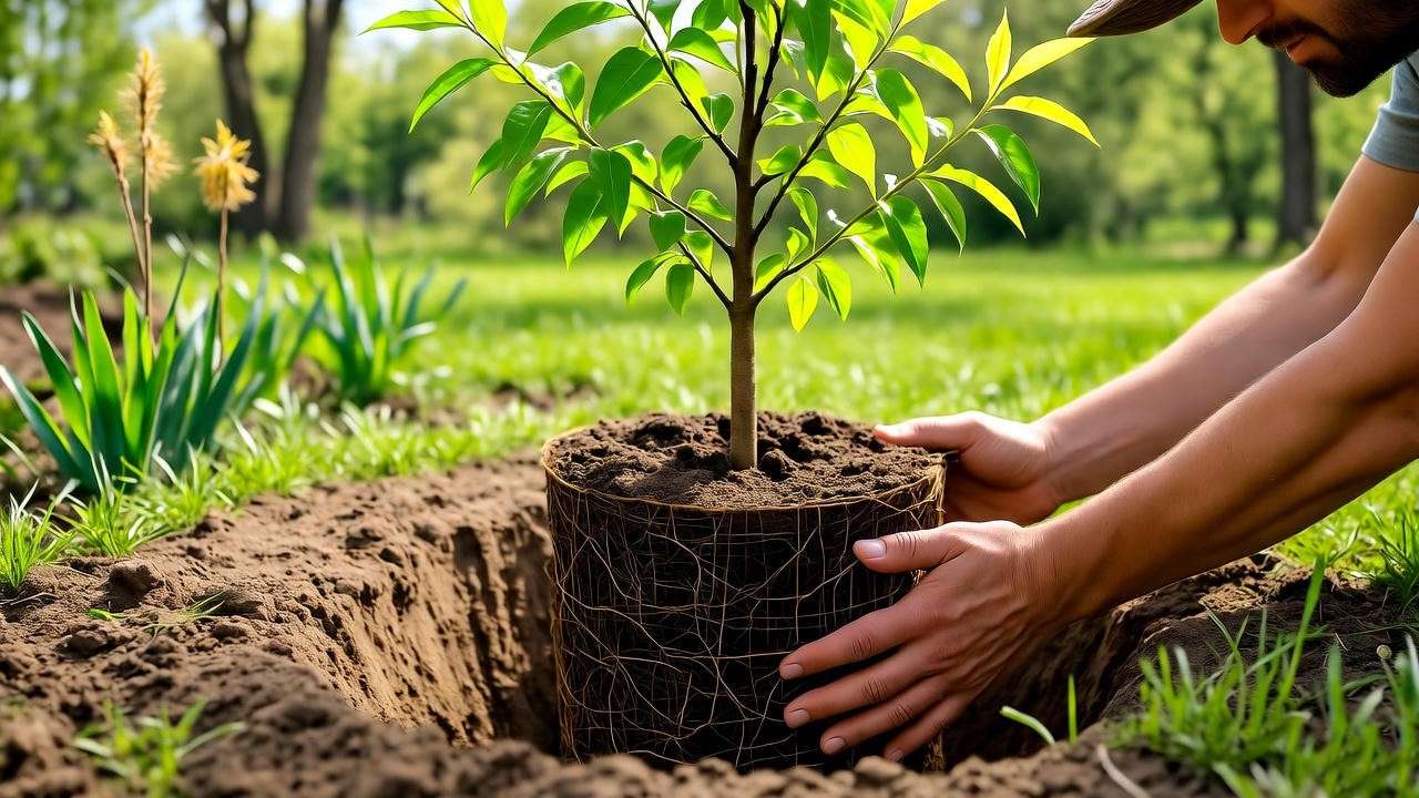 Gardener planting a young willow tree in moist soil, showcasing proper planting techniques in a bright spring garden. 