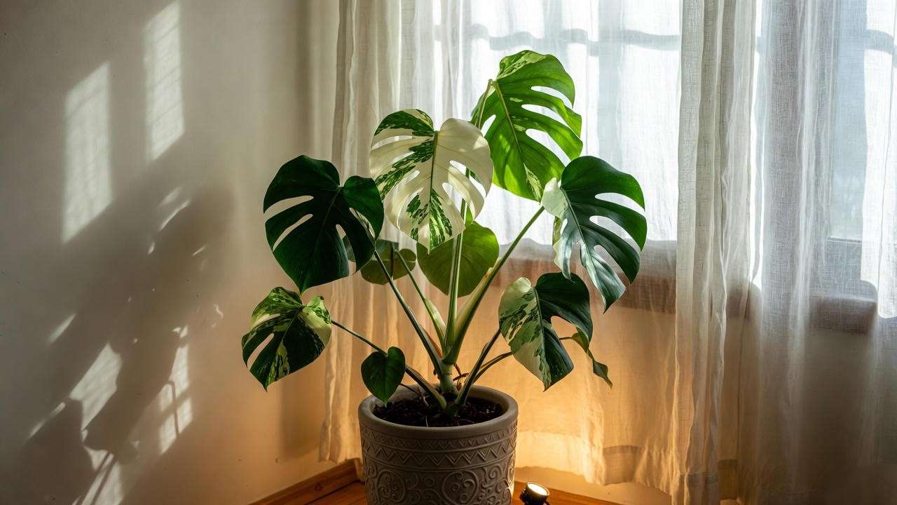 Variegated Monstera in a pot near a window with sheer curtains and a grow light, showcasing ideal lighting for green and white plants. 