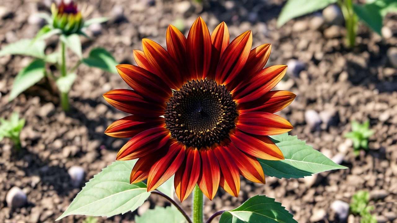 "Red sunflower with fade-proof setup using shade cloth and silica spray" 