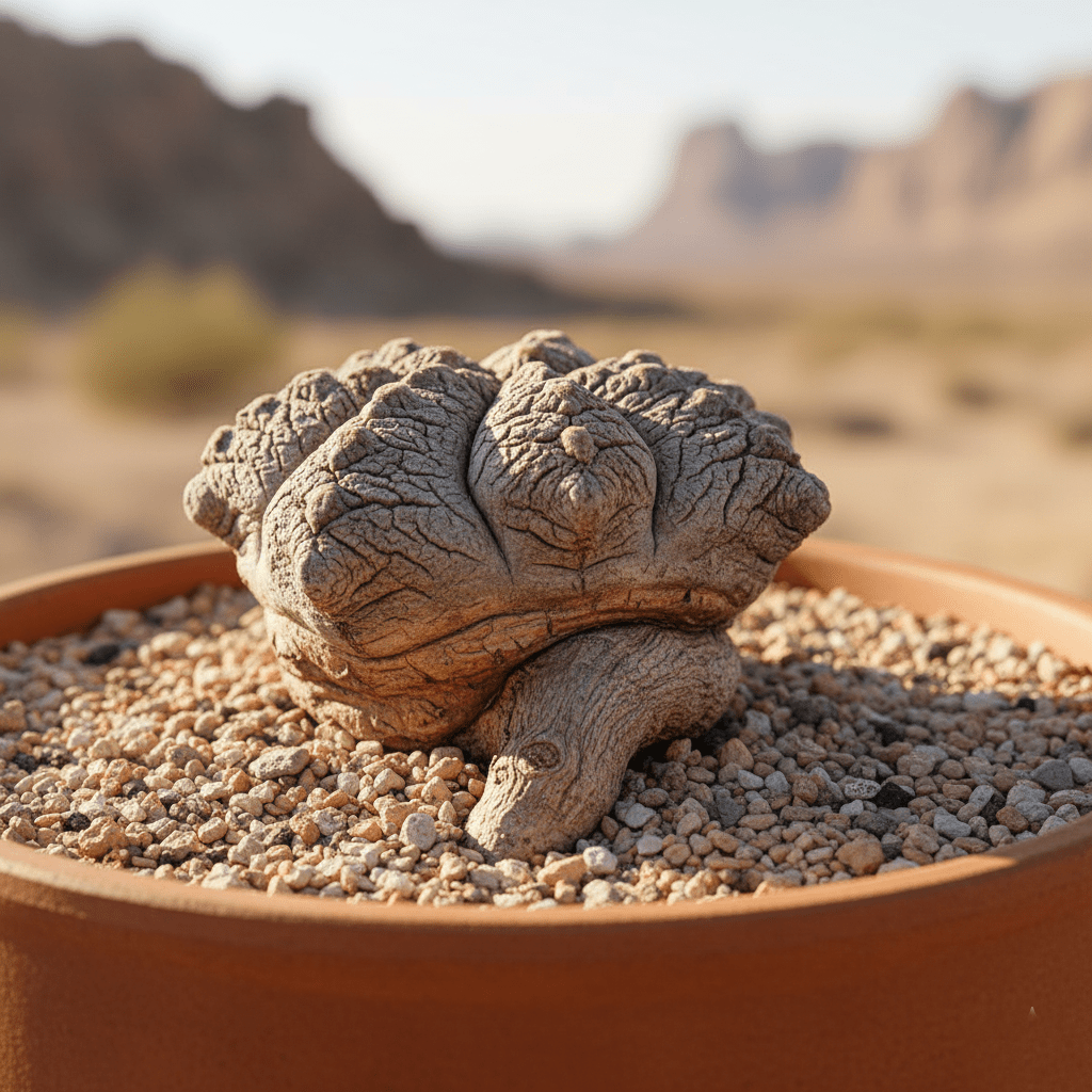 A mature Ariocarpus fissuratus (Living Rock Cactus) demonstrating the importance of deep potting for its large, water-storing taproot.