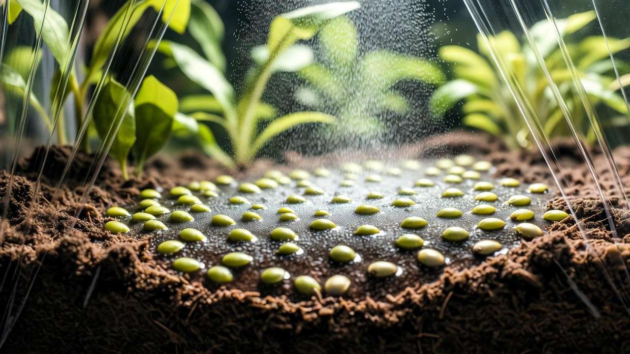 Aquarium with moist substrate and aquarium plant seeds during the dry start method, covered with plastic wrap.