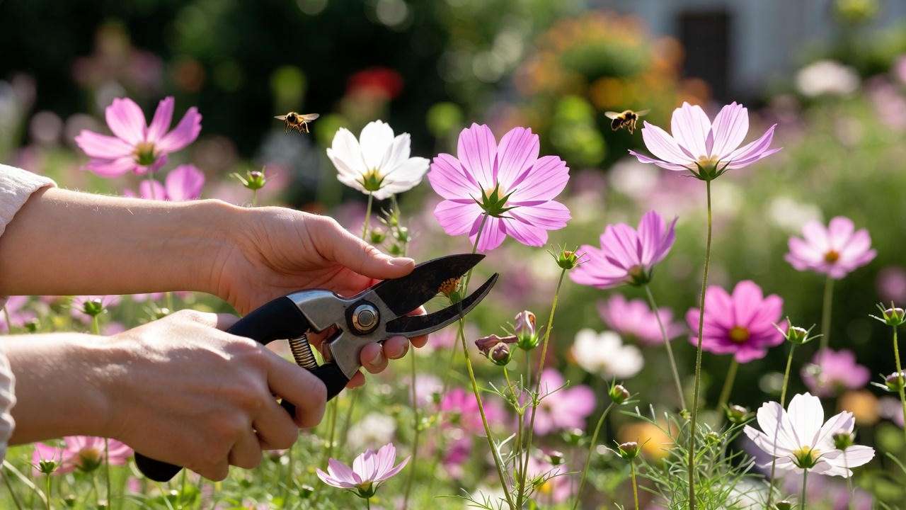 Gardener deadheading cosmos flowers with shears in a vibrant garden, with bees and healthy blooms, illustrating care for continuous flowering.